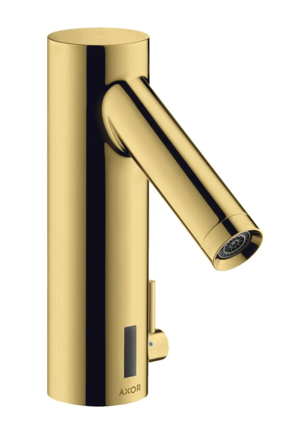 Goldfarbener Waschtischmischer mit einem hohen, schwenkbaren Auslauf und einer Temperaturregulierung. Von der Marke AXOR, batteriebetrieben.